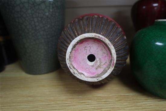 A group of Chinese crackle glaze and monochrome glaze vases etc. tallest 31cm